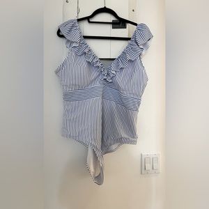 Blue and White Striped Ruffled One Piece